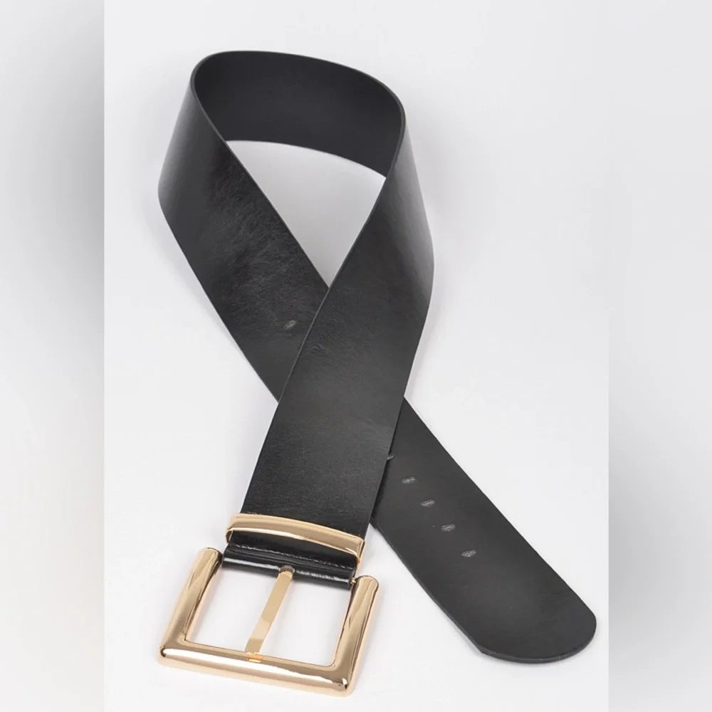 Black Vegan Leather Statement Belt with Gold Buckle